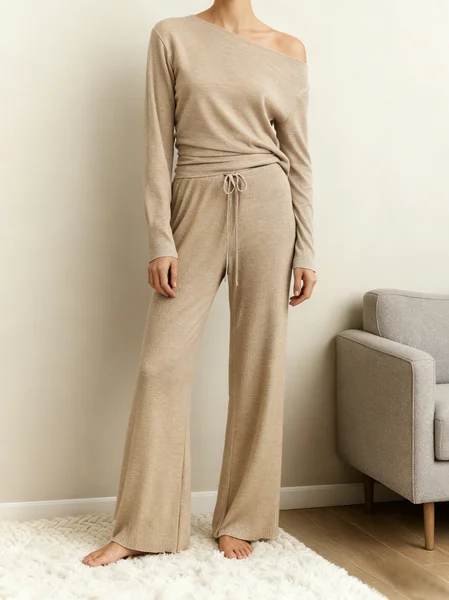 

Ribbed Casual Boat Neck Pajamas Set, Apricot, Pajamas