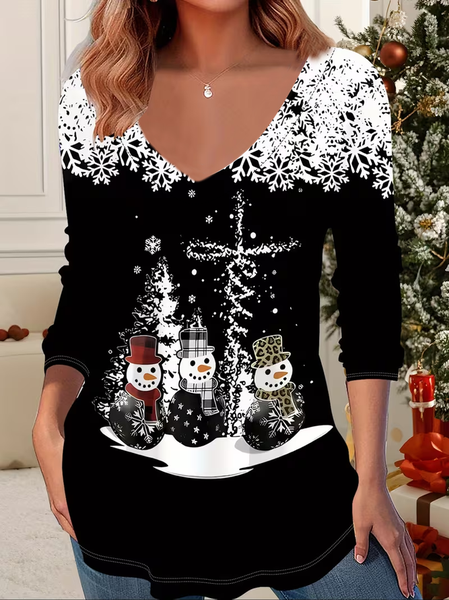 

Casual Christmas Snowman V Neck Long Sleeve T-shirt, Black, T-shirts