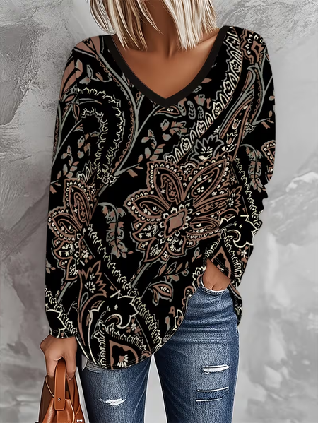 

Women Floral Long Sleeve Tee T-shirt V Neck Printing Casual Spring/Fall Graphic Tee Top, Black, T-Shirts