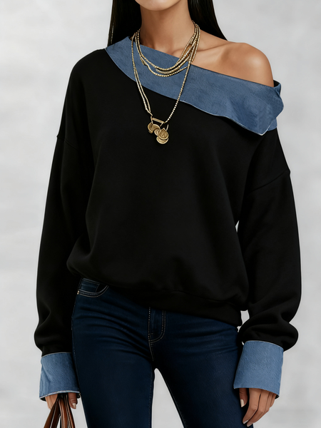 

Casual Color Block Irregular Craftsmanship Asymmetrical Blouse, Black, Blouses and Shirts