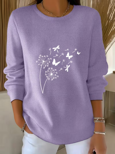 

Women Floral Printing Spring/Fall Casual Long Sleeve Crew Neck Sweater, Purple, Sweaters