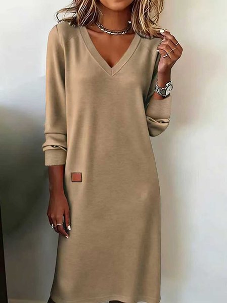 

Women's Long Sleeve Spring/Fall Red Plain Split Joint V Neck Daily Going Out Casual Maxi A-Line T-Shirt Dress Dress, Khaki, Midi Dresses