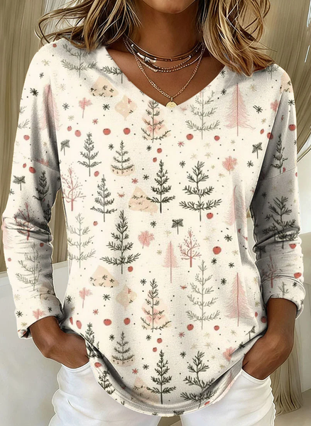 

Women Christmas Long Sleeve Tee T-shirt V Neck Printing Casual Spring/Fall Graphic Tee Top, Apricot, T-Shirts