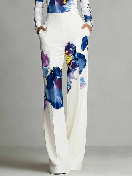 

Urban Random Print Printing Wide Leg Pants, White-blue, Pants