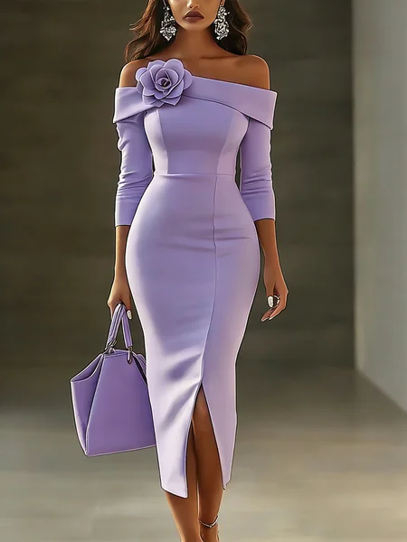 

Elegant Plain Cold Shoulder Midi Dress With 3D Floral Brooch, Purple, Maxi Dresses