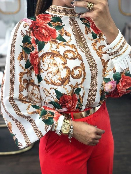 

Urban Floral Printing Stand Collar Blouse, As picture, Blouses and Shirts