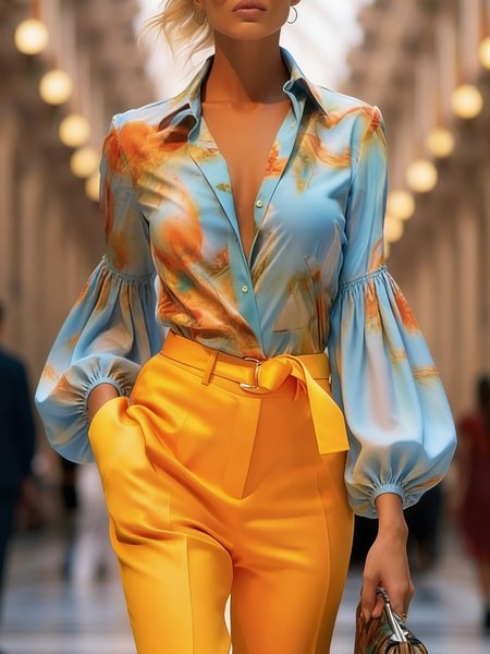 

Urban Abstract Printing Shirt Collar Balloon Sleeve Shirt, Blue, Blouses and Shirts