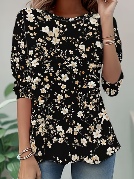 

Women Floral Long Sleeve Tee T-shirt Crew Neck Casual Spring/Fall Tunic Top, Black, T-Shirts