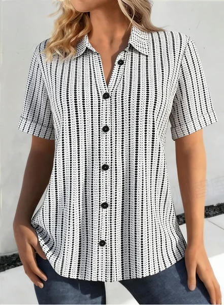 

Shawl Collar Short Sleeve Polka Dots Regular Loose Shirt For Women, White, Shirts