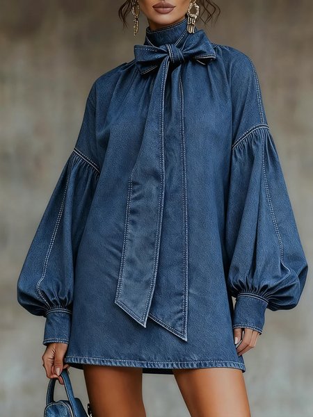 Urban Plain Raglan Sleeves Bow Stand Collar Denim Mini Dress