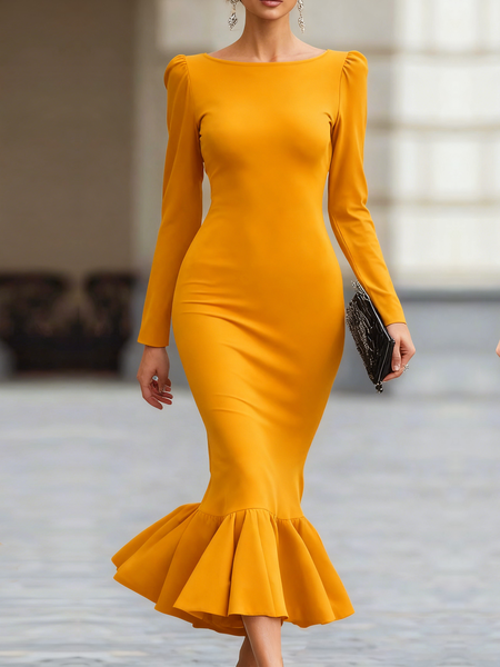 

Elegant Plain Crew Neck Midi Dress, Yellow, Maxi Dresses