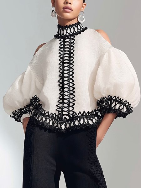 

Casual Color Block Hollow Out Stand Collar Puff Sleeve Blouse, Black-white, Blouses and Shirts
