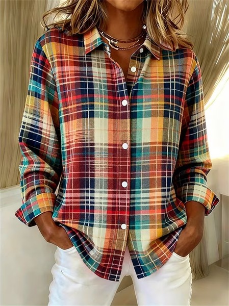 

Women Plaid Long Sleeve Shirt Spring/Fall Buckle Shirt Collar Regular Sleeve Daily Casual Top, As picture, Shirts