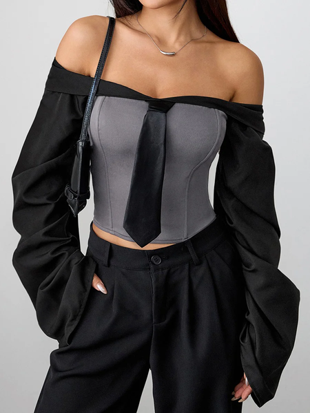 

Urban Color Block Split Joint Off The Shoulder Blouse With Tie, Gray, Blouses and Shirts