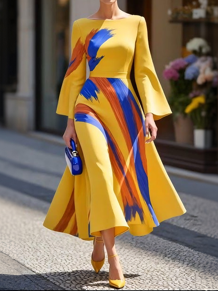 

Elegant Random Print Crew Neck Maxi Dress, Yellow, Maxi Dresses