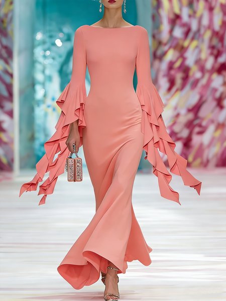 

Elegant Plain Ruffle Sleeve Boat Neck Maxi Dress, Coral, Cocktail Dresses