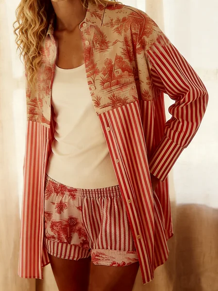 

Floral Stripe Loose Fit Casual Room Service Shorts, Red, Pajamas