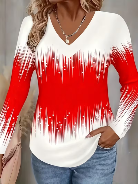 

Women Abstract Long Sleeve Tee T-shirt V Neck Printing Casual Spring/Fall Graphic Tee Top, Red, T-Shirts