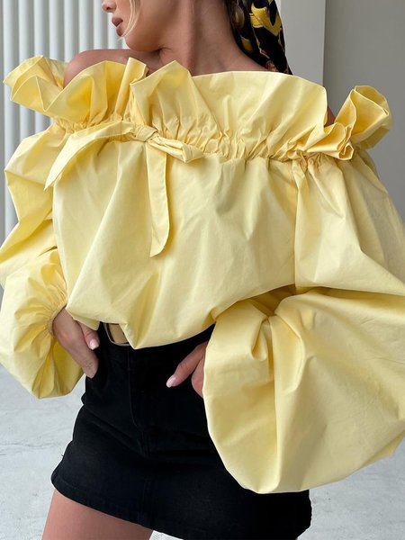 

Cotton Elegant Plain Cold Shoulder Balloon Sleeve Blouse, Yellow, Blouses and Shirts