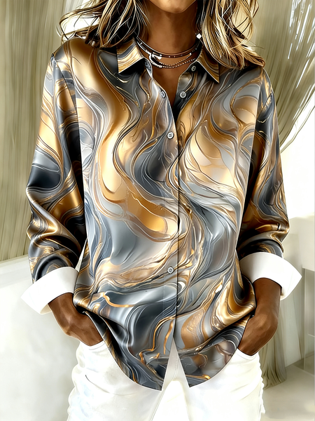 

Shirt Collar Long Sleeve Gradient Pattern Regular Loose Shirt For Women, Color3, Shirts