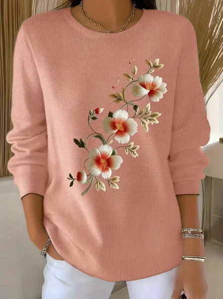 

Women Floral Printing Spring/Fall Casual Long Sleeve Crew Neck Sweater, Pink, Sweaters