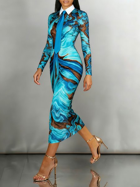 

Elegant Geometric Shirt Collar Midi Dress With Tie, Blue, Maxi Dresses