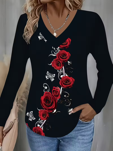

Women Floral Long Sleeve Tee T-shirt V Neck Printing Casual Spring/Fall Graphic Tee Top, Black, T-Shirts