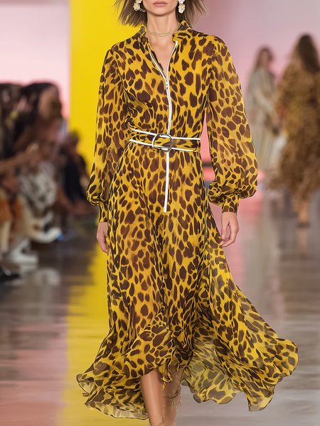 

Elegant Geometric Balloon Sleeve Printing Midi Dress With Belt, Yellow, Maxi Dresses