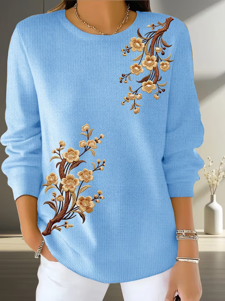 

Women Floral Printing Spring/Fall Casual Long Sleeve Crew Neck Sweater, Blue, Sweaters
