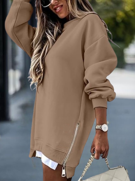 

Women Plain Crew Neck Split Joint Casual Spring/Fall Long Sleeve Sweatshirt, Khaki, Sweatshirts & Hoodies