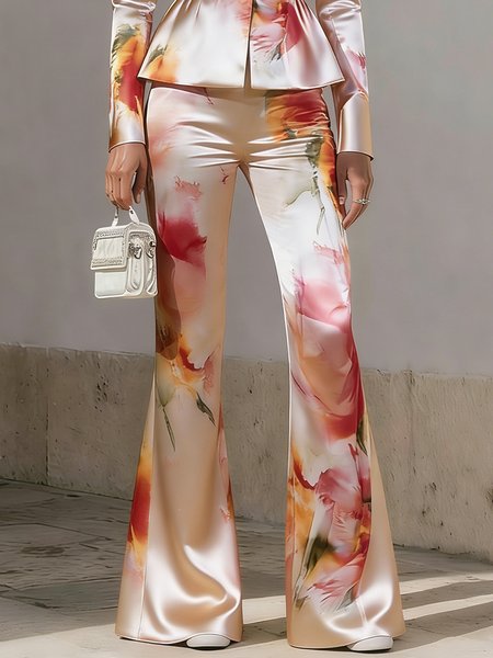 

Elegant Floral Printing Flare Pants, As picture, Pants