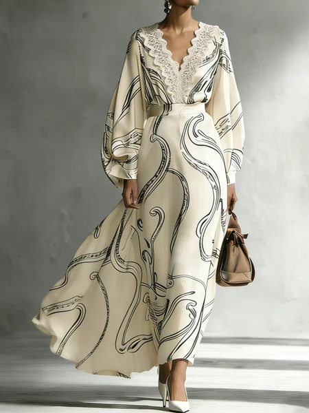 Elegant Random Print V Neck Maxi Dress