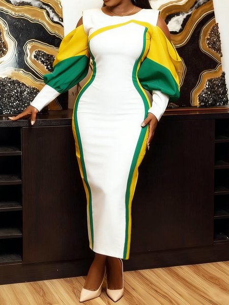 

Urban Color Block Off Shoulder Sleeve Printing Crew Neck Maxi Dress, As picture, Maxi Dresses