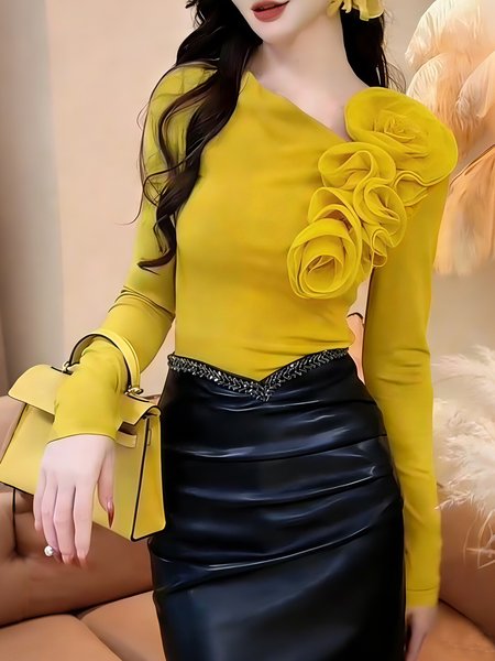 

Elegant Plain 3D Floral Asymmetrical Neck T-shirt, Yellow, Tees