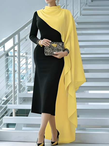 

Elegant Color Block Stand Collar Midi Dress, As picture, Cocktail Dresses