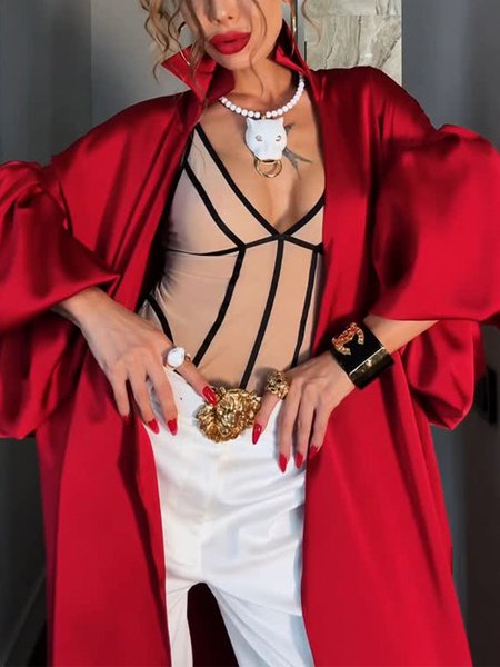 

Elegant Balloon Sleeve Plain Shirt Collar Kimono, Red, Kimonos