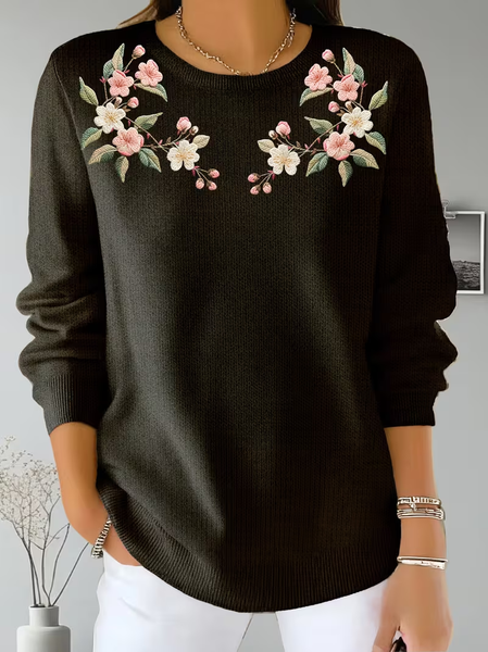 

Women Floral Printing Spring/Fall Casual Long Sleeve Crew Neck Sweater, Black, Sweaters