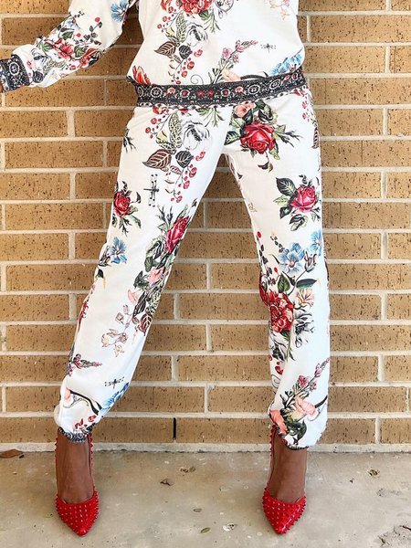 

Casual Floral Printing Pants, White, Pants