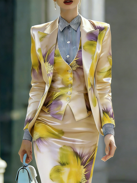 

Elegant Floral Lapel Collar Blazer, As picture, Blazers