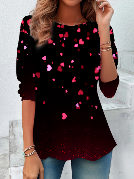 

Casual Heart/Cordate Crew Neck Long Sleeve T-shirt, Black, T-shirts