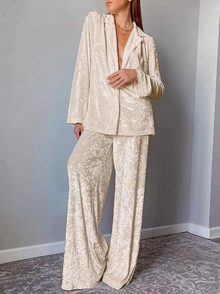 

Velvet Plain Loose Fit Simple Causle Pajama Set, Apricot, Pajamas