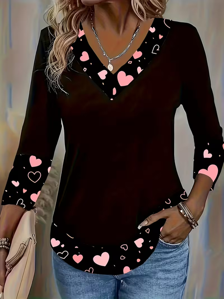 

Women Heart/Cordate Long Sleeve Tee T-shirt V Neck Printing Casual Spring/Fall Graphic Tee Top, Black, T-Shirts