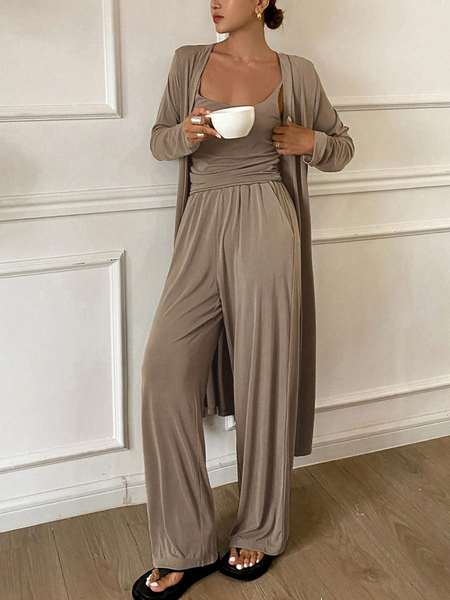 

Plain Casual Pajama Set, Khaki, Pajamas