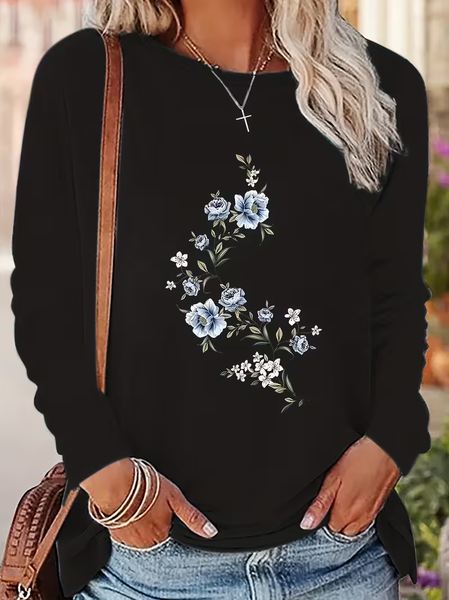

Casual Floral Crew Neck Long Sleeve T-shirt, Black, T-shirts