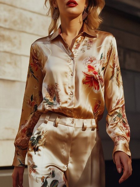 

Satin Urban Floral Printing Shirt Collar Shirt, As picture, Blouses and Shirts