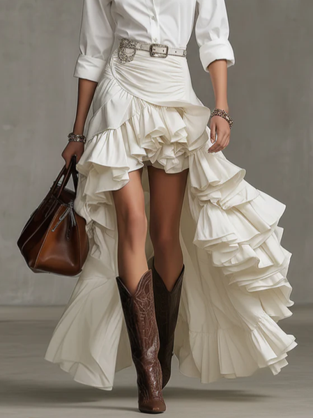 

Elegant Peplum Plain Maxi Skirt No Belt, White, Skirts