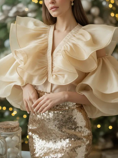 

Organza Urban Plain Peplum V Neck Shirt, Champagne, Blouses and Shirts