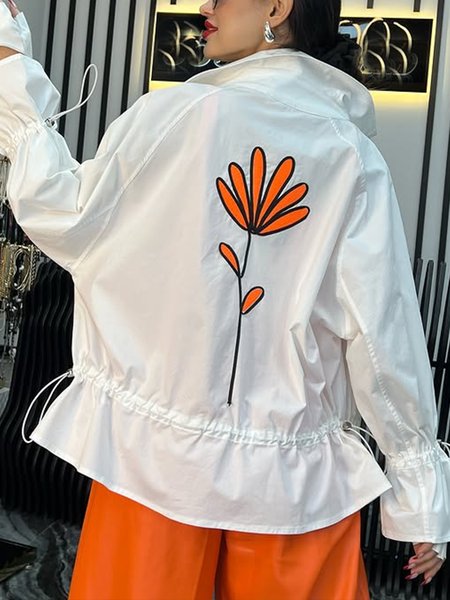 

Casual Floral Shawl Collar Trench Coat, White, Coats