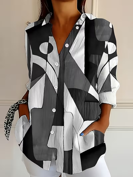 

Shirt Collar Regular Sleeve Long Sleeve Abstract Buckle Regular Loose Button Up Shirt Shirt For Women, Gray, Shirts
