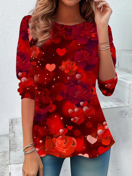 

Casual Floral Crew Neck Long Sleeve T-shirt, Red, T-shirts